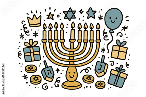 Whimsical Hanukkah Celebration. Hanukkah festival illustration doodle style: hand drawn menorah with smile, crown, star, balloon,
