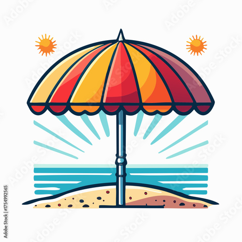 Colorful Beach Umbrella on Sandy Island Vector Illustration
