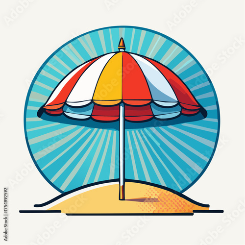 Colorful Beach Umbrella on Sandy Island Vector Illustration