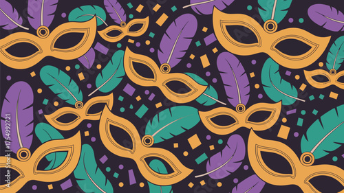 Festive background featuring mardi gras masks feathers and confetti in a repeating pattern design