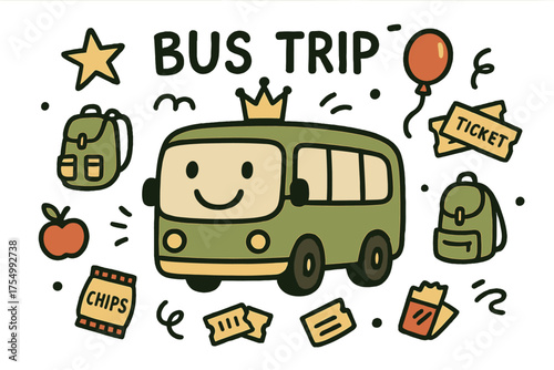 Doodle Bus Adventure. Bus trip illustration doodle style: hand drawn bus with smile, crown, star, balloon, tickets, backpacks, and