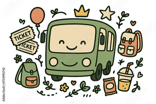 Doodle Bus Adventure. Bus trip illustration doodle style: hand drawn bus with smile, crown, star, balloon, tickets, backpacks, and
