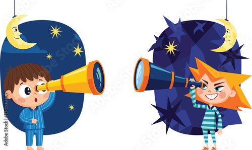 Children stargazing with telescopes, cartoon night scene, expressive emotion, moon and stars, curiosity and wonder, pajamas and sky illustration