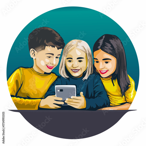 Fröhliche Kinder schauen gemeinsam auf ein Smartphone 