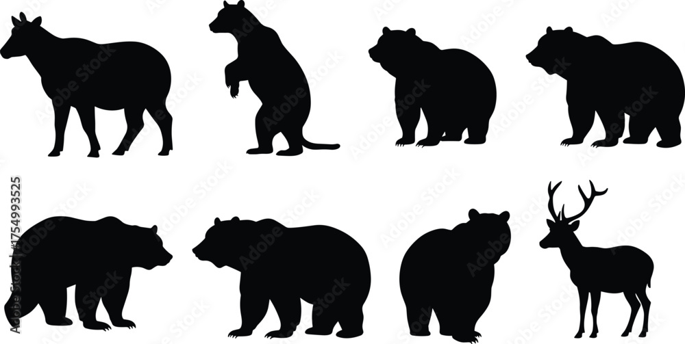 Naklejka premium Wild animal silhouettes set with bear, deer, moose shapes, wildlife vector illustration for forest, nature, and outdoor design themes