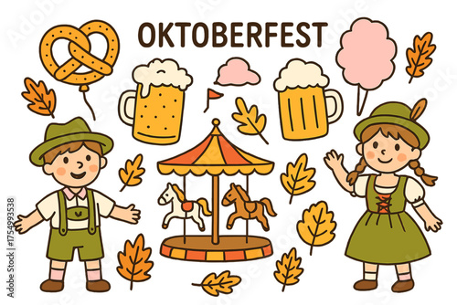Oktoberfest Celebration Doodles. Oktoberfest vector doodle style with mugs of beer, pretzel balloon, cotton candy, carousel with