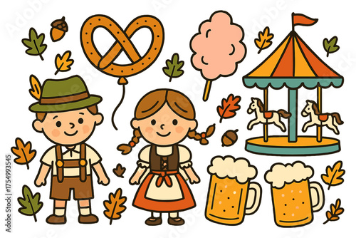 Oktoberfest Celebration Doodles. Oktoberfest vector doodle style with mugs of beer, pretzel balloon, cotton candy, carousel with