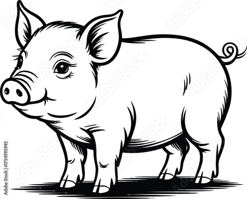 Cute farm pig standing on ground, adorable cartoon animal drawing, baby piglet illustration for children book art, flat vector illustration
