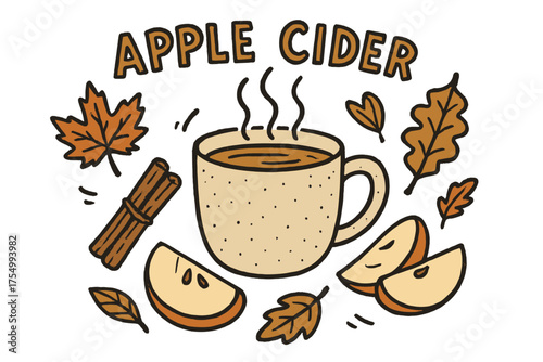 Apple Cider Delight. Apple cider doodle with steaming mug, cinnamon sticks, apple slices and autumn leaves isolated transparent