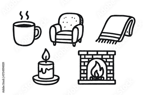 Cozy Winter Icons. Winter relaxation doodle icon set: hand drawn icons of mug, chair, candle, blanket, and fireplace. isolated