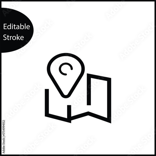 A single, clear black line icon depicting a prominent location pin placed atop a folded paper map. This minimalist, editable stroke graphic is focused on navigation and geo-targeting, making it highly