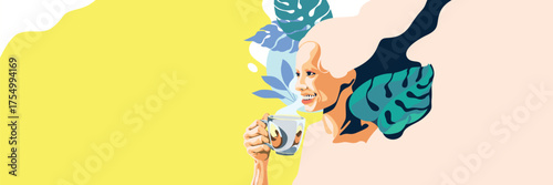 Abstract and colorful banner of a woman drinking coffee. Bright tones and modern shapes create a calm, cozy, and stylish atmosphere for lifestyle or coffee themes.
