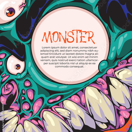 Colorful monster illustration template with cute and spooky style, perfect for Halloween, fantasy, or kids’ designs. Includes editable dummy text.