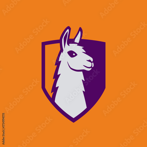 Stylized llama head in profile on a shield, set against an orange background