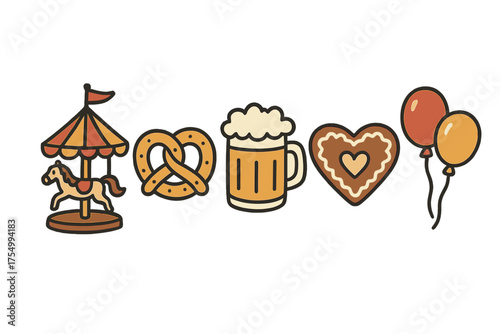 Autumn Festival Icons. Autumn festival doodle icon set: hand drawn icons of carousel, pretzel, beer, gingerbread, and balloons.