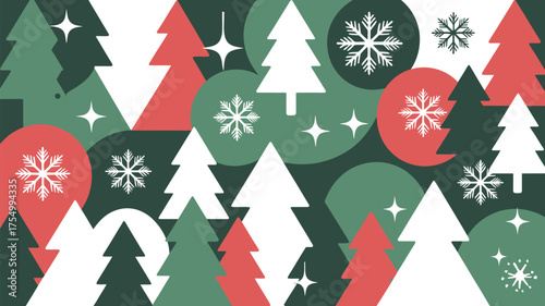 Festive christmas pattern with trees snowflakes and circles in red green and white colors design art