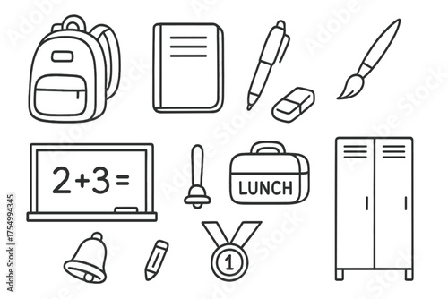 School Doodle Icons. School doodle icon set: hand drawn icons of backpack, notebook, pen, eraser, paintbrush, blackboard, lunchbox