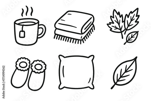 Cozy Autumn Doodles. Autumn chill doodle icon set: hand drawn icons of hot tea, blanket, slippers, pillow, and leaves. isolated