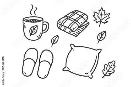 Cozy Autumn Doodles. Autumn chill doodle icon set: hand drawn icons of hot tea, blanket, slippers, pillow, and leaves. isolated
