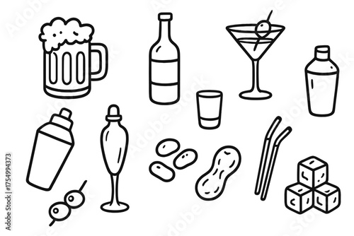 Bar Doodle Icons. Bar doodle icon set: hand drawn icons of beer mug, wine bottle, martini glass, cocktail shaker, shot glass,