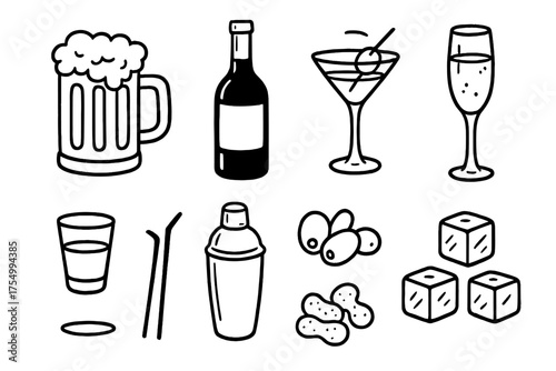 Bar Doodle Icons. Bar doodle icon set: hand drawn icons of beer mug, wine bottle, martini glass, cocktail shaker, shot glass,