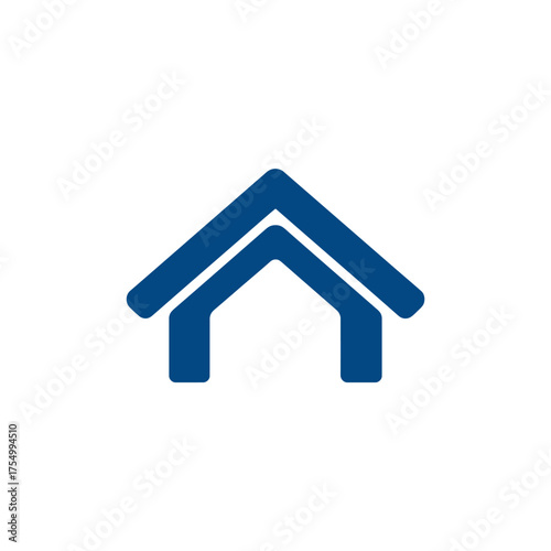 Minimalist blue house outline with double roof and rounded corners on a white background