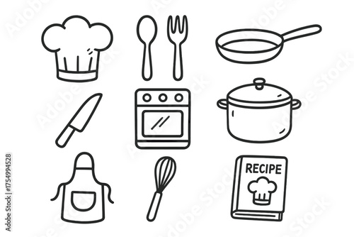 Chef Doodle Icons. Chef doodle icon set: hand drawn icons of chef hat, spoon, fork, pan, pot, oven, knife, whisk, apron, and