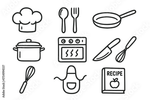 Chef Doodle Icons. Chef doodle icon set: hand drawn icons of chef hat, spoon, fork, pan, pot, oven, knife, whisk, apron, and