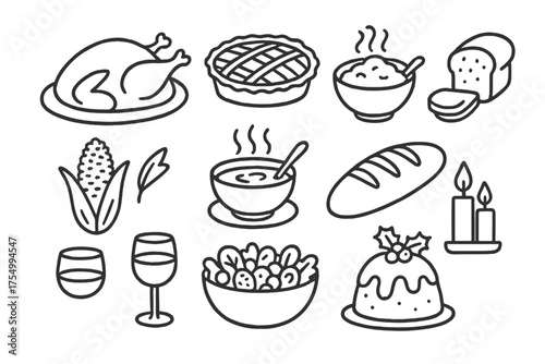 Christmas Dinner Icons. Christmas dinner doodle icon set: hand drawn icons of turkey, pie, mashed potatoes, corn, soup, bread,
