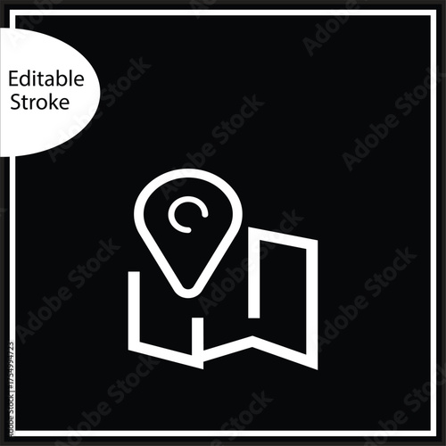 A single, minimalist white line icon featuring a large location pin placed on a folded map. Set against a black square background within a border, this editable stroke graphic is ideal for dark mode.
