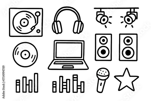 DJ Doodle Icons. DJ doodle icon set: hand drawn icons of turntable, headphones, mixer, laptop, vinyl record, speakers, lights,