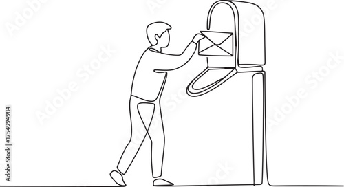 Man mailing a letter at a mailbox in a continuous line drawing