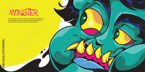 Colorful monster illustration template with cute and spooky style, perfect for Halloween, fantasy, or kids’ designs. Includes editable dummy text.