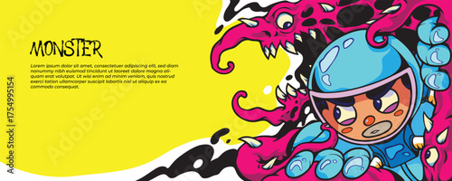 Colorful monster illustration template with cute and spooky style, perfect for Halloween, fantasy, or kids’ designs. Includes editable dummy text.