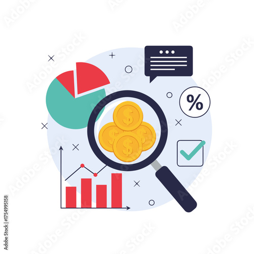 Analyzing financial data using charts graphs and magnifying glass showing monetary value.