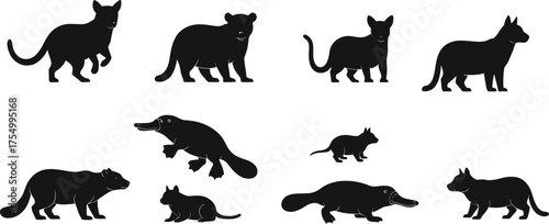 Wild animal silhouette vector set including platypus koala wombat kangaroo Tasmanian devil and dingo isolated on white background