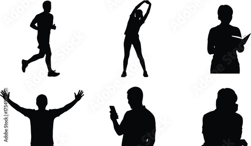 Black silhouette people vector illustration of men and women in different poses running stretching reading and using phone isolated