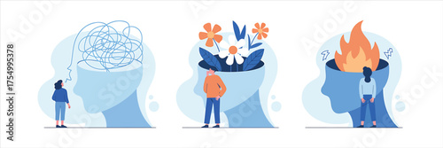 Vector art of illustrations showing mental health issues, including anxiety, burnout, and depression