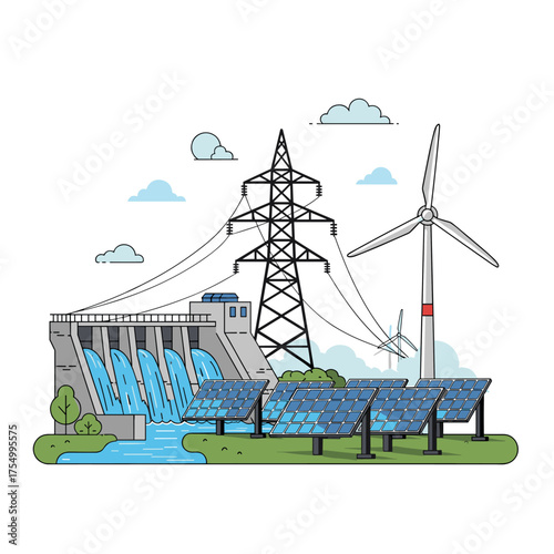Renewable energy sources including solar panels wind turbines and a hydroelectric dam.