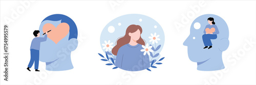 Vector art of mental health concept with a person hugging a head, meditation, and a person with anxiety