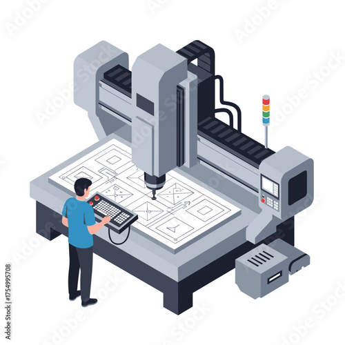 A skilled technician operates a complex automated manufacturing machine for precision production and intricate designs.