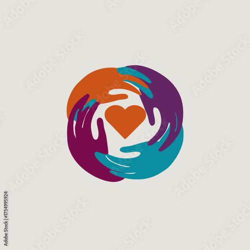 Hands of orange, teal and purple form a circle around a heart on a light gray background