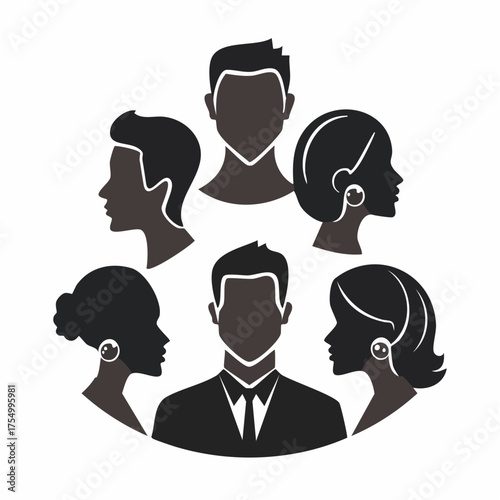 Elegant vector portraits of diverse people in minimalist black and white silhouette style, depicting a connected group, community, or professional network