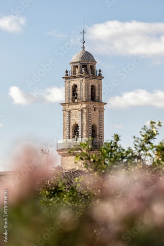 San Miguel Church bell tower framed by blurred flowers