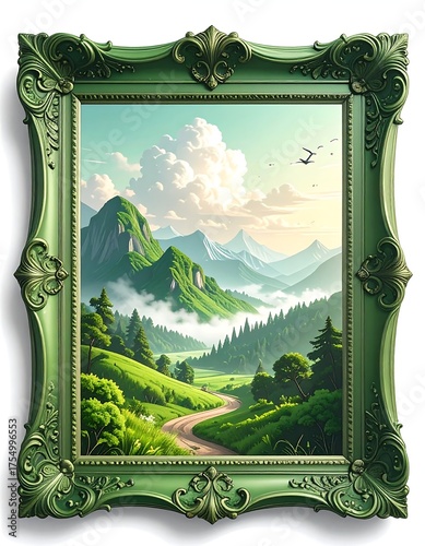Scenic landscape of mountains with vibrant greenery, framed