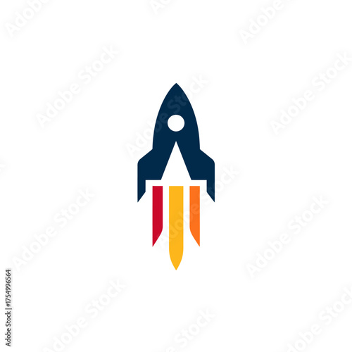 Stylized flat vector graphic of a launching rocket with colorful exhaust flames