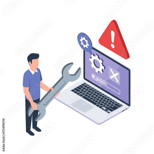 Illustrating a technician working on a laptop with a wrench indicating computer repair and technical support.