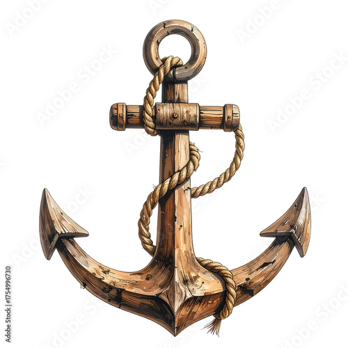 Stylized wooden anchor illustration with a rope wrapped around the structure against a black background