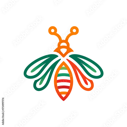 Colorful line-art style of a flying insect, featuring orange, red and green colors