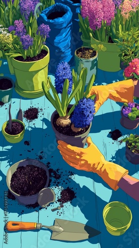 Gardening Activity With Colorful Flowers in Pots on a Bright Blue Table